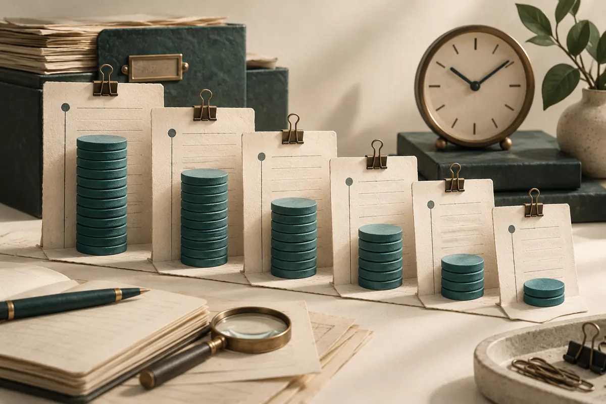 A descending sequence of dated but unlettered paper ledger sheets with teal price-token stacks changing in height, a small clock and archival clips expressing a sourced history of price changes.