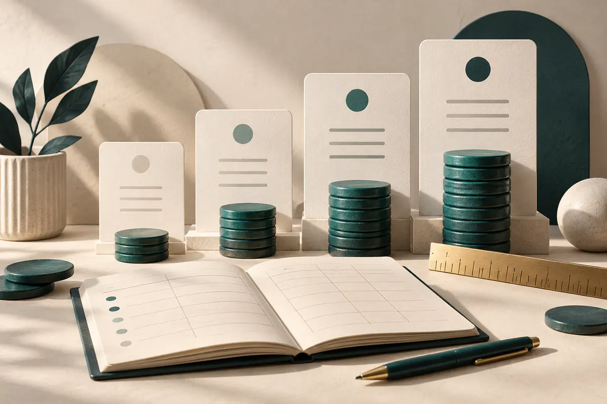 A carefully organized display of differently sized blank plan cards with stacks of teal ceramic coins, a measuring ruler and a simple open ledger for price comparison.