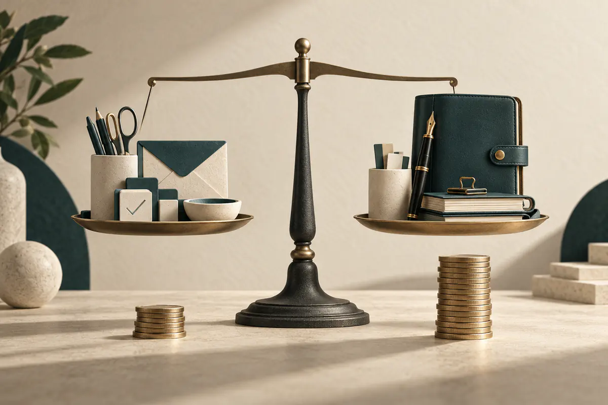 A refined balance scale comparing a ceramic task-tool set and envelope against a human executive assistant's fountain pen and planner, coin stacks below for cost comparison without human figures.