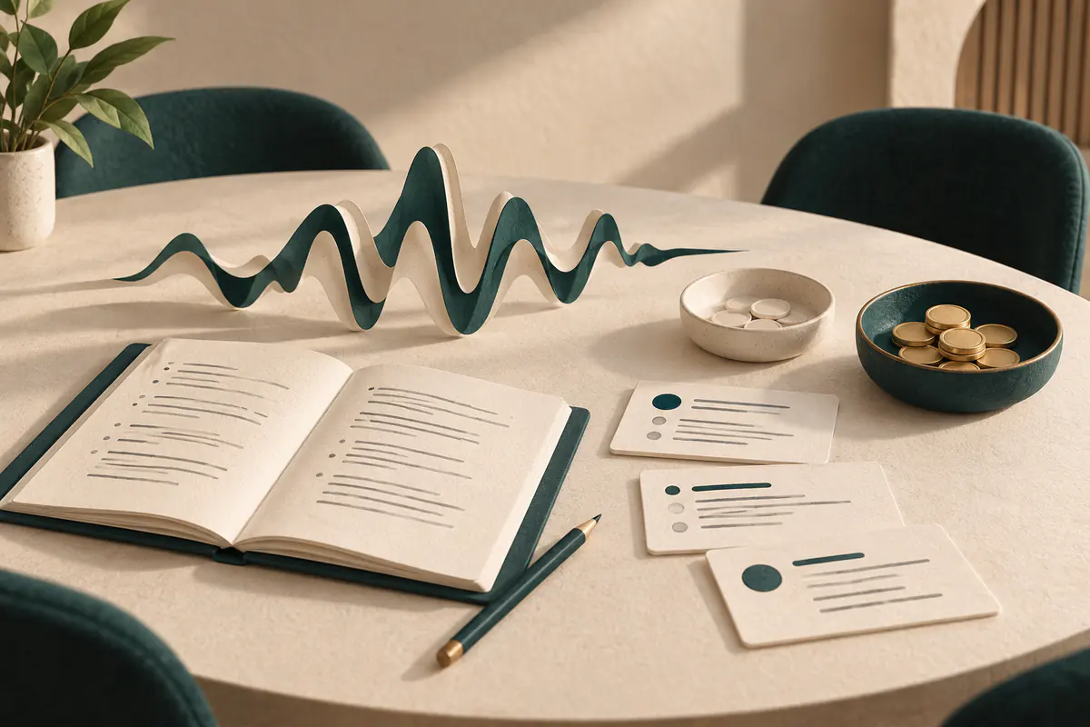 A miniature meeting table with an open notebook, pencil, sculpted sound-wave ribbon and a few neatly organized summary cards beside empty and filled token dishes, free and paid note-taking.