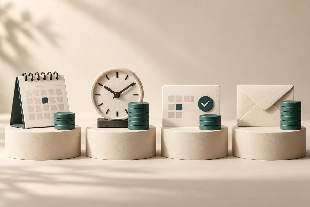 Several different physical scheduling tools—a tabletop calendar, a clock, a booking card and an envelope—set on equal ceramic plinths with modest teal coin stacks for value comparison.