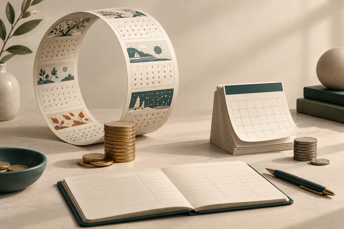 A long paper calendar strip curled into a year-shaped ring beside a short monthly calendar stack, two different coin piles and a blank savings ledger, annual versus monthly billing.
