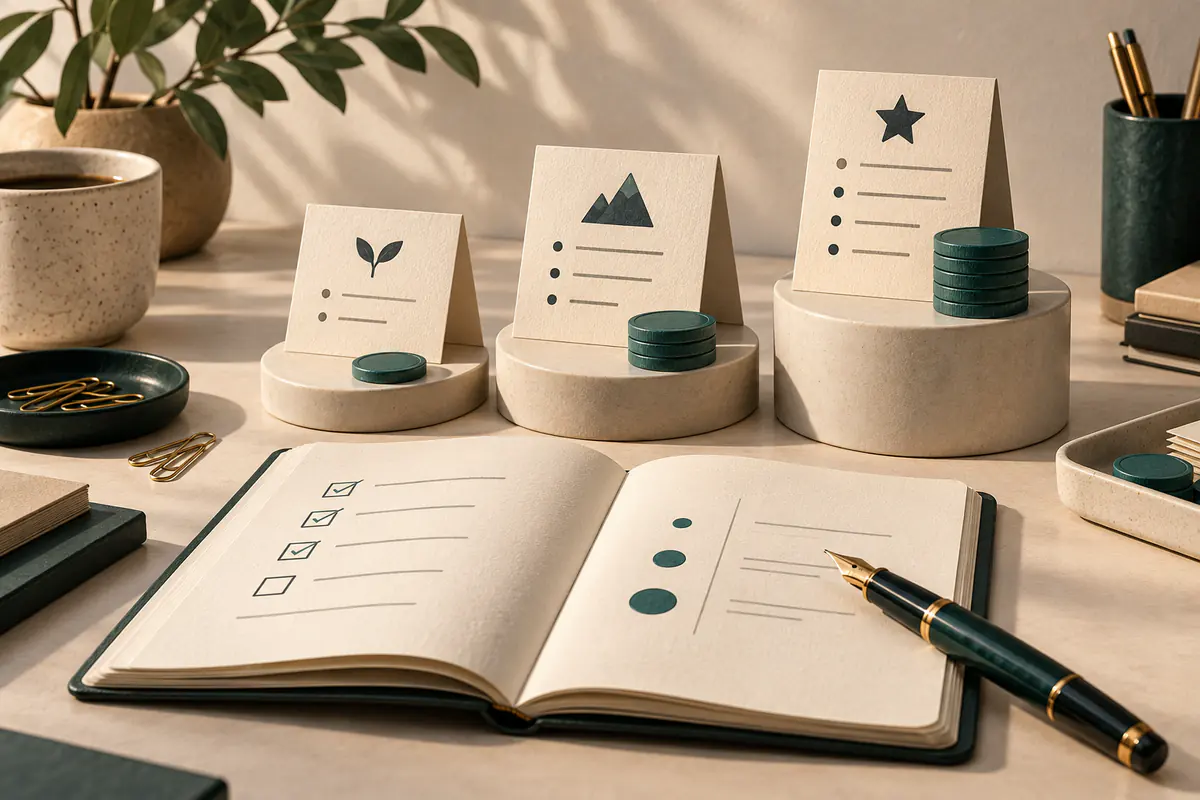 An open research notebook with a precise fountain pen, folded paper task cards and three ascending ceramic plan holders accompanied by teal cost tokens, thoughtful work-assistant subscription comparison.