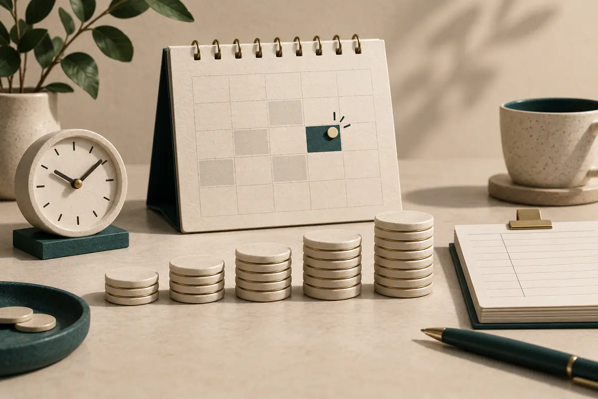 A small calendar with one highlighted appointment tile above a row of evenly spaced ceramic coin stacks, a miniature clock and blank ledger expressing cost per meeting.