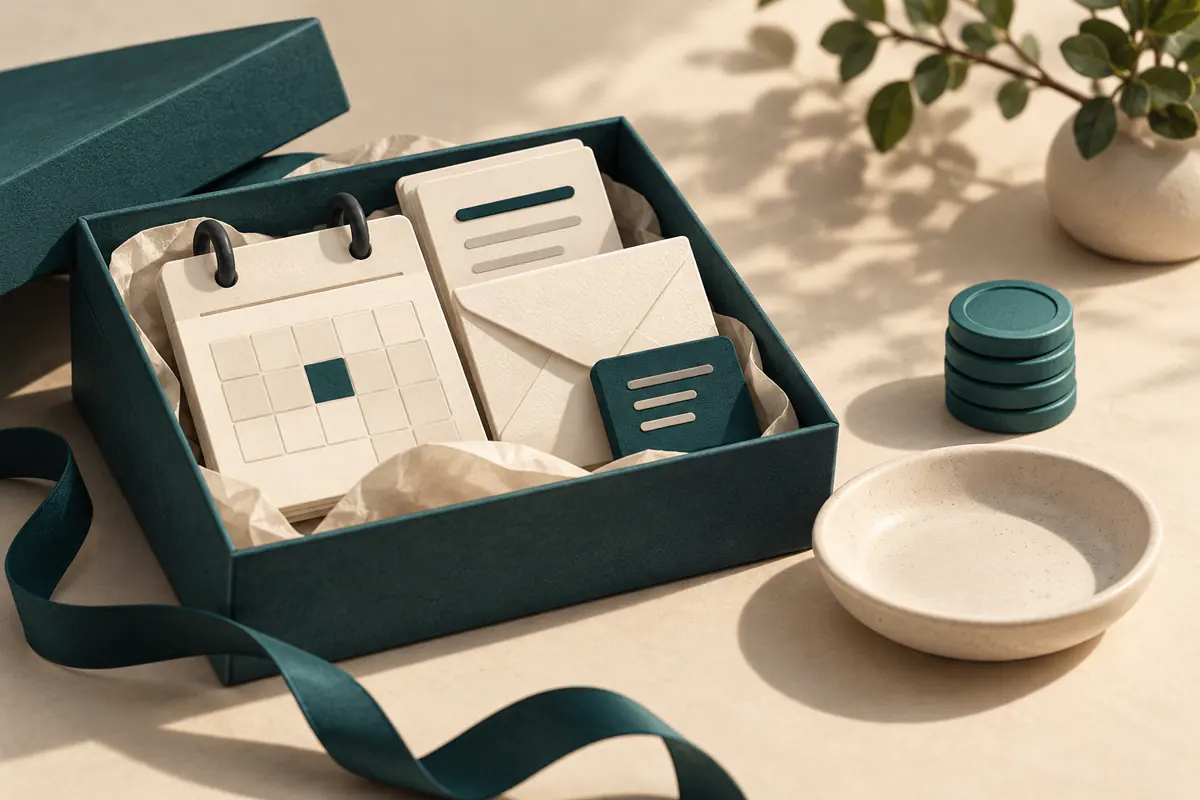 An open shallow gift box of unbranded calendar and envelope tools beside an empty coin dish and a small bounded stack of allowance tokens.