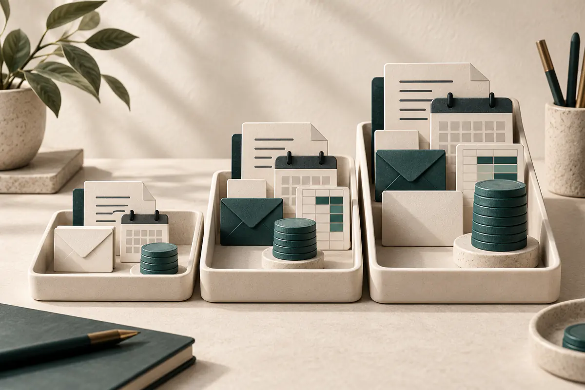 A shared office toolkit of envelope document calendar and abstract spreadsheet tiles arranged in nesting ceramic trays with several different stacks of teal coins, workspace plans compared without logos.
