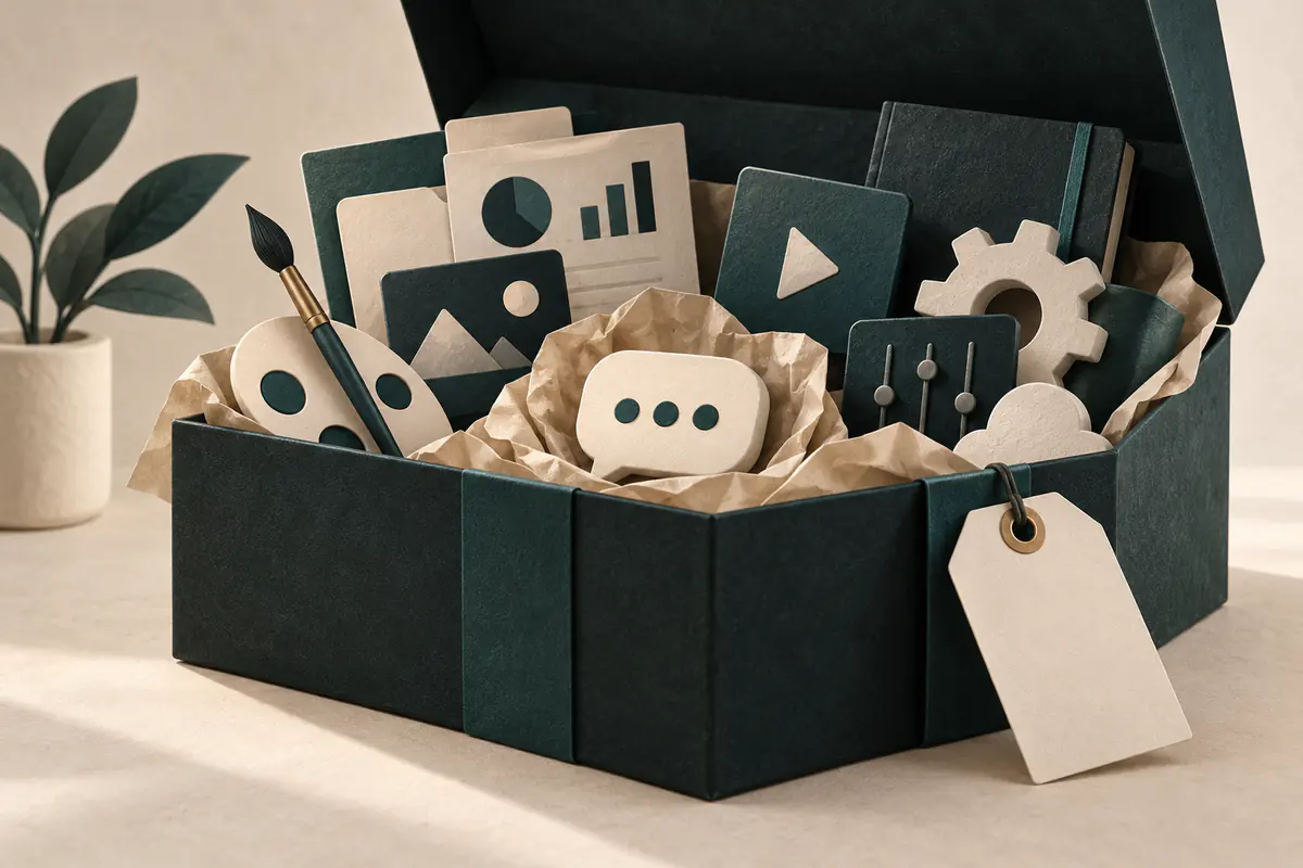 A small conversation-bubble token nestled inside a much larger subscription box of varied tools, with one shared price tag and no separate tag on the bubble, illustrating a bundled rather than standalone product.