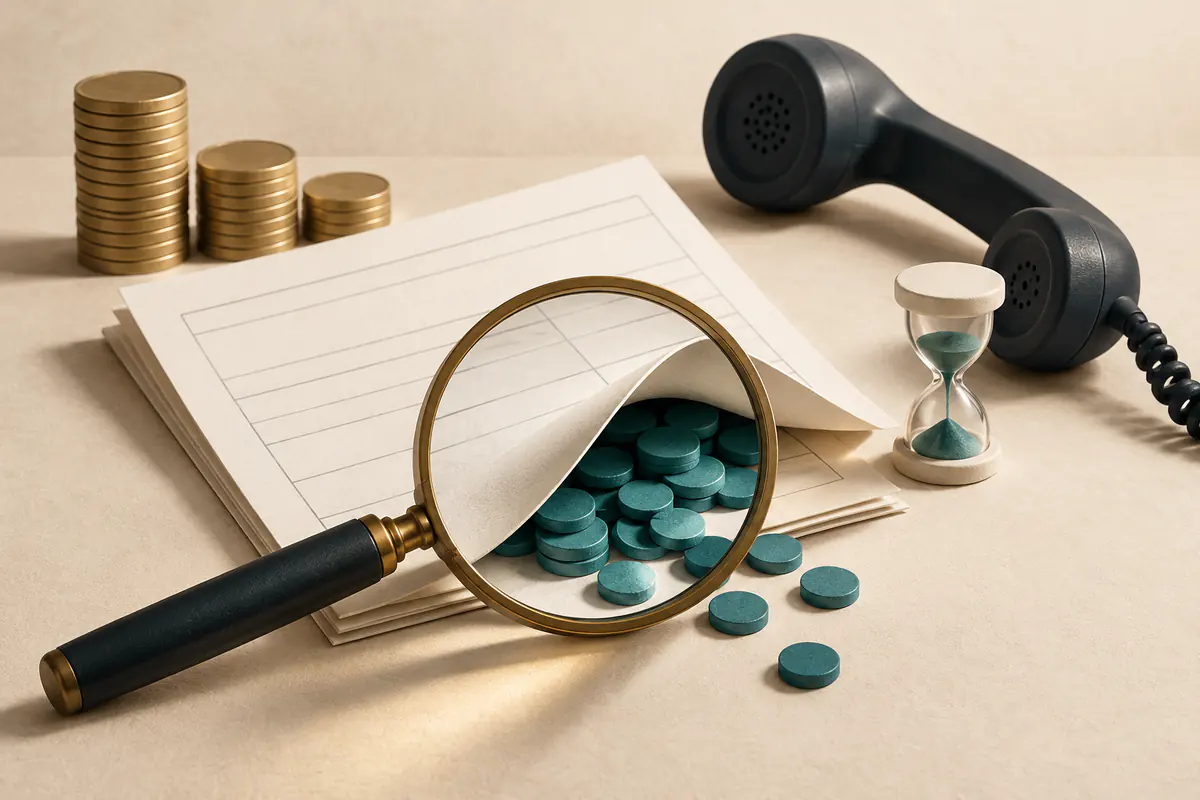 A magnifying glass revealing extra small teal tokens tucked beneath a blank invoice page, with a phone handset and a tiny sand timer beside visible baseline coin stacks, hidden costs made visible.