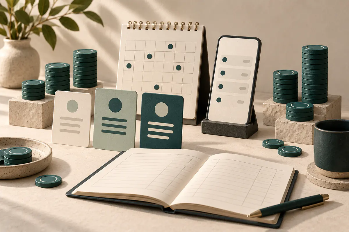 A central envelope calendar and phone task hub surrounded by tiered stacks of teal credit tokens and unmarked plan cards, an open blank ledger showing careful subscription evaluation.