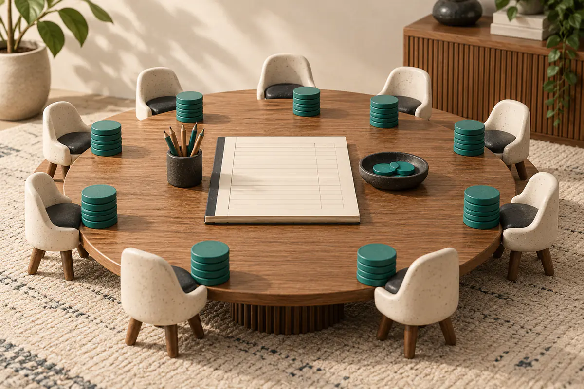Chairs arranged around a shared conference table, each paired with teal cost-token stacks beside a blank budget ledger.