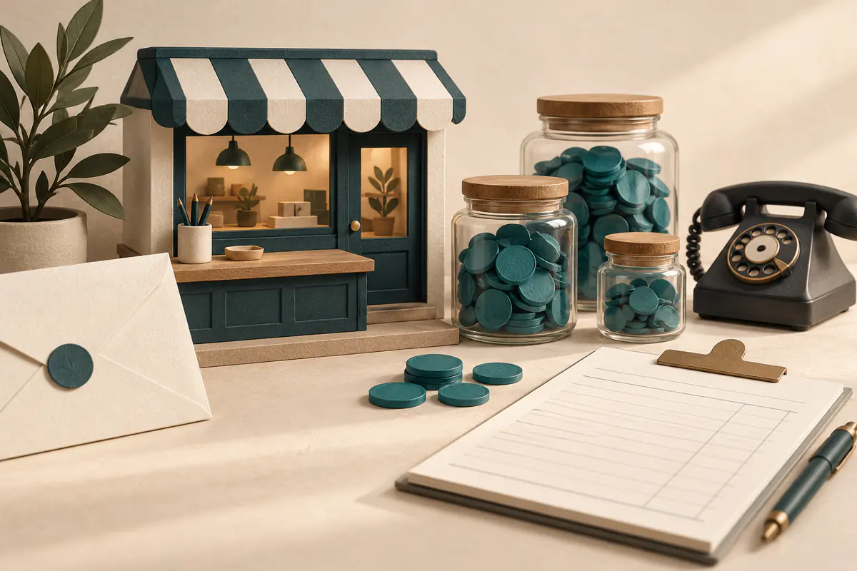 A small friendly miniature business storefront desk paired with an envelope and telephone, several jars of teal credit tokens and a few extra tokens outside their jar beside a blank invoice.