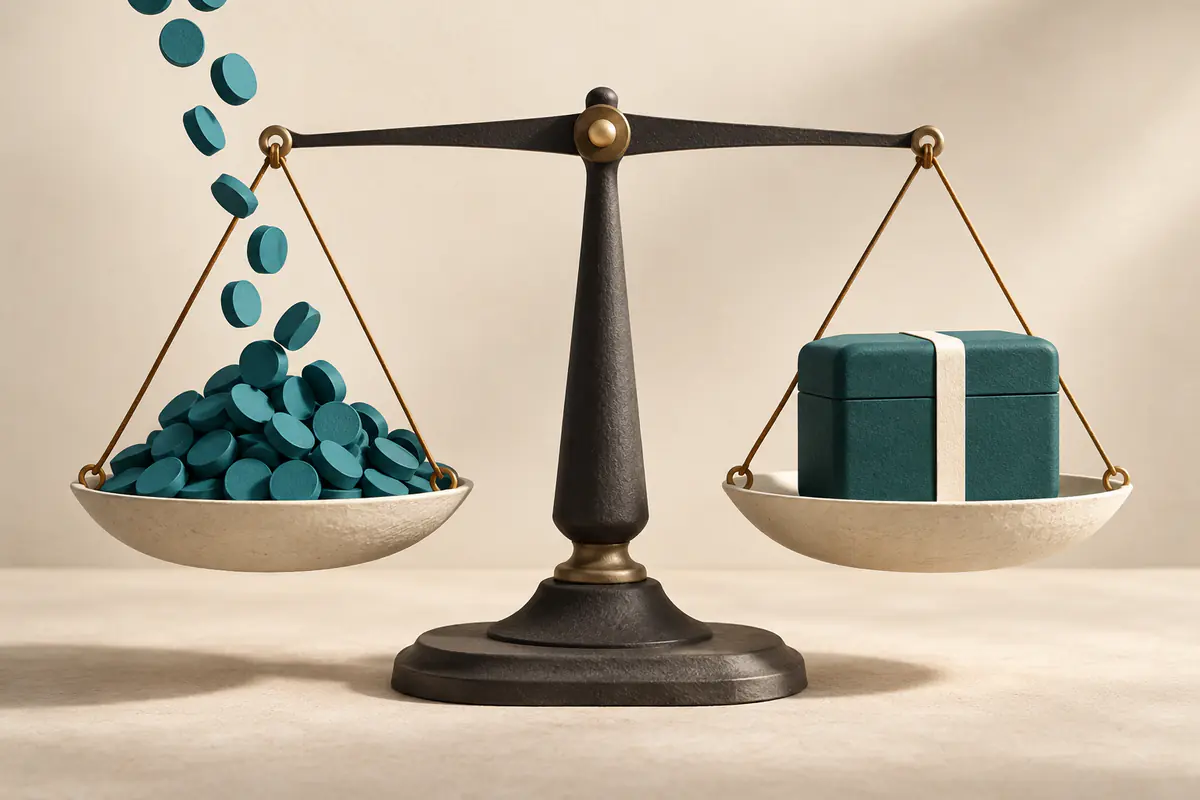 A balance scale holding a measured stream of individual teal tokens on one side and a single fixed subscription box on the other, careful comparison of variable and flat costs.